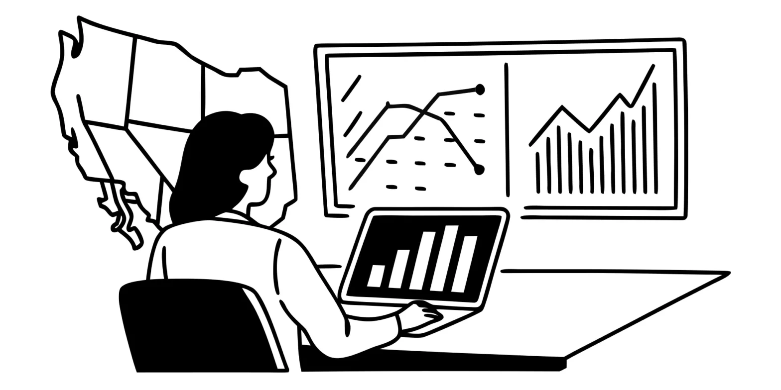 Vibrant illustration of California ecommerce sales tax registration showing digital maps and sales charts