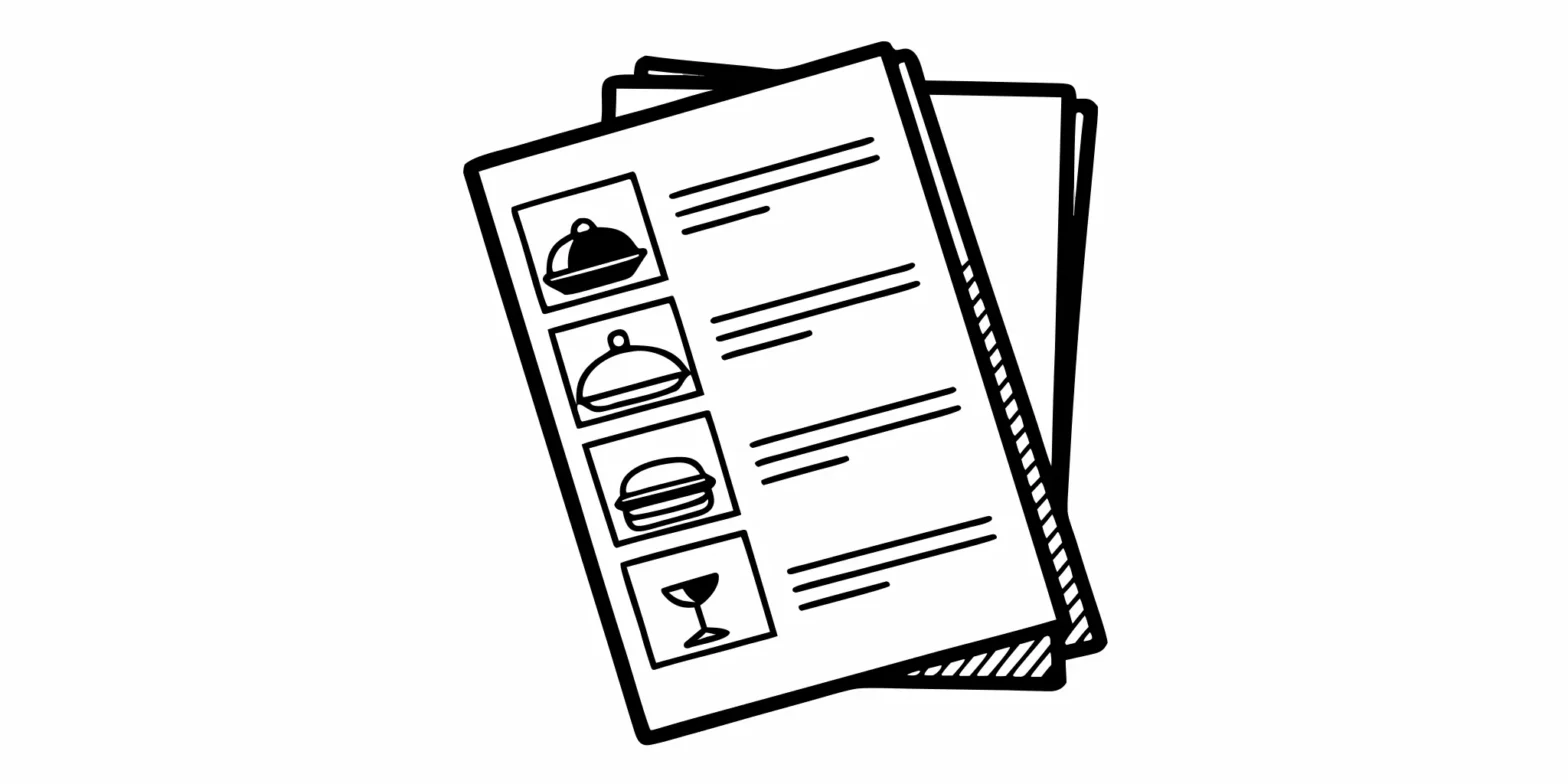 A vector line art menu displaying clear and conspicuous restaurant service fees for transparency and compliance under California SB 1524