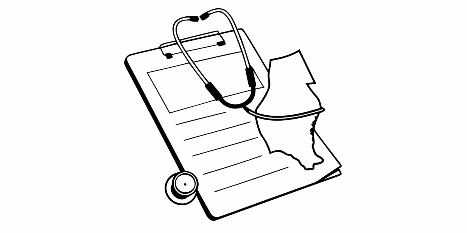 Stethoscope on payroll ledger representing payroll setup for a medical practice in California