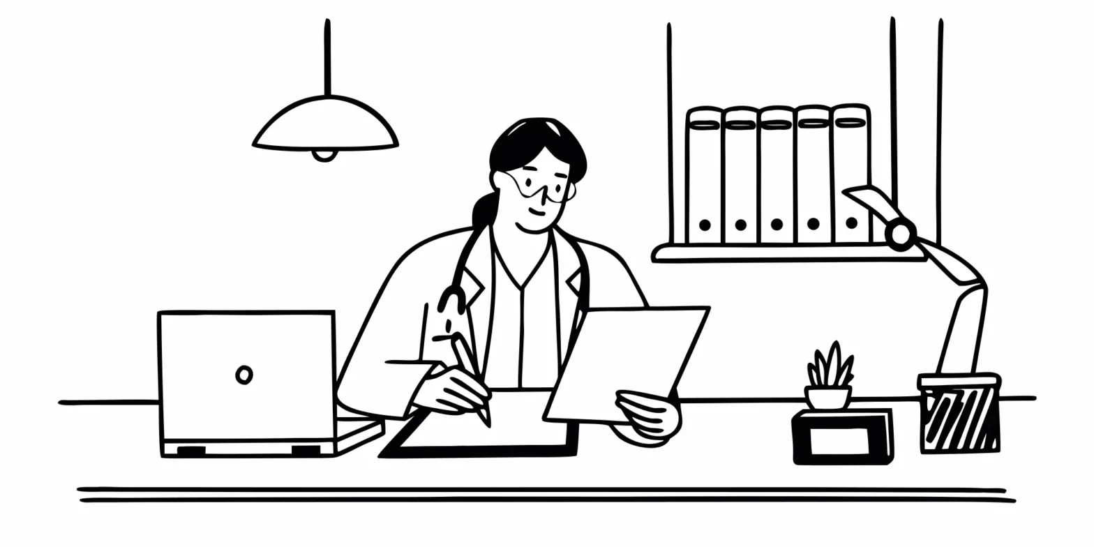 California physician reviewing disability insurance and tax documents at a desk