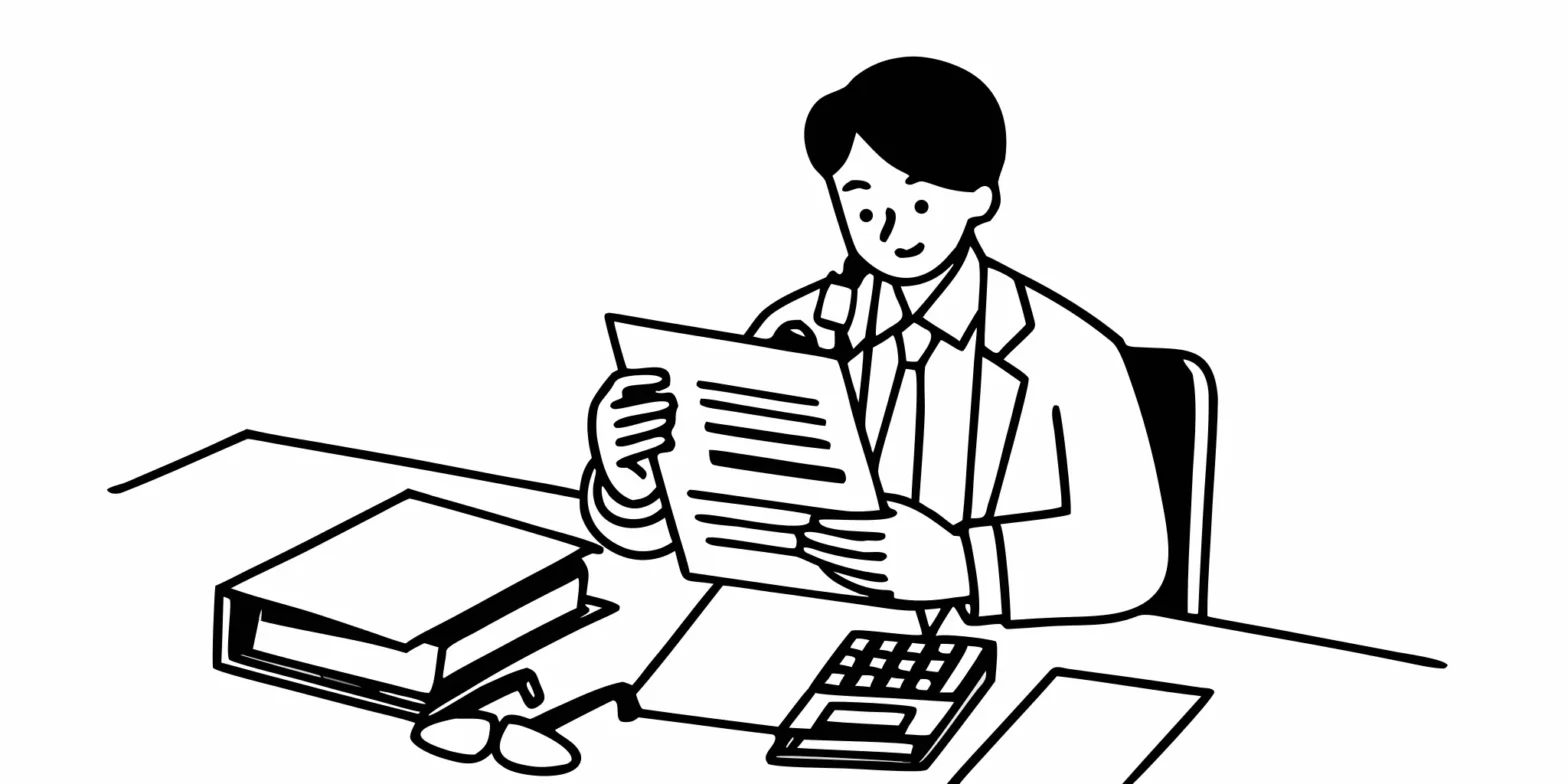 Surgeon reviewing bonus contract documents at desk with tax calculator