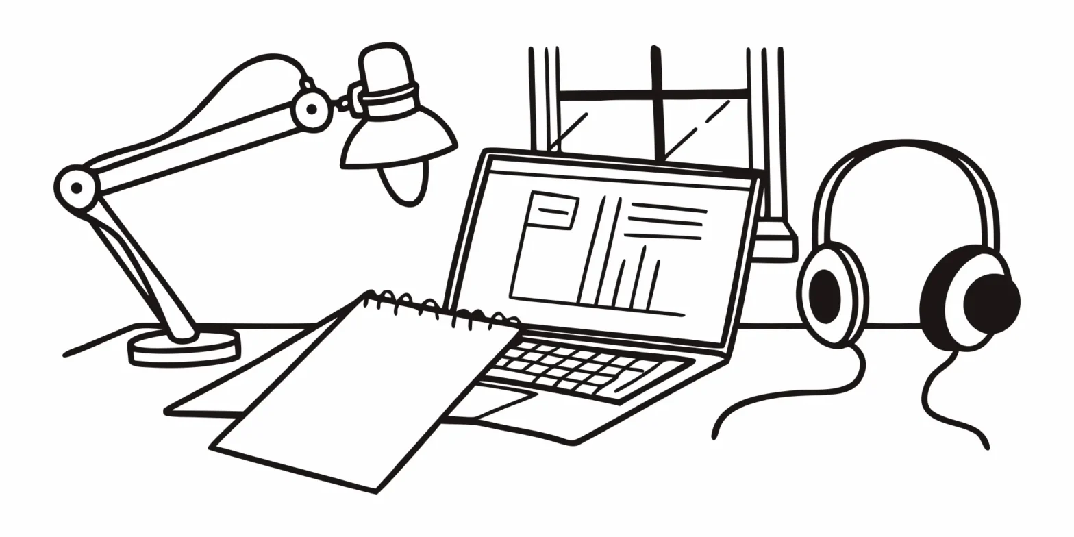 A home podcast studio setup with microphone, headphones, and laptop showing tax documents and deduction notes