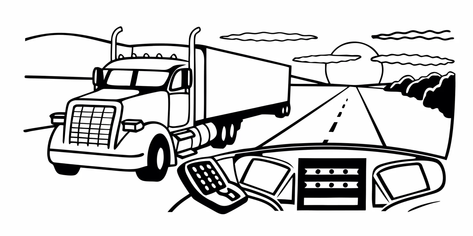 Owner-operator semi truck on a California highway with tax documents and calculator, representing truck driver tax deductions