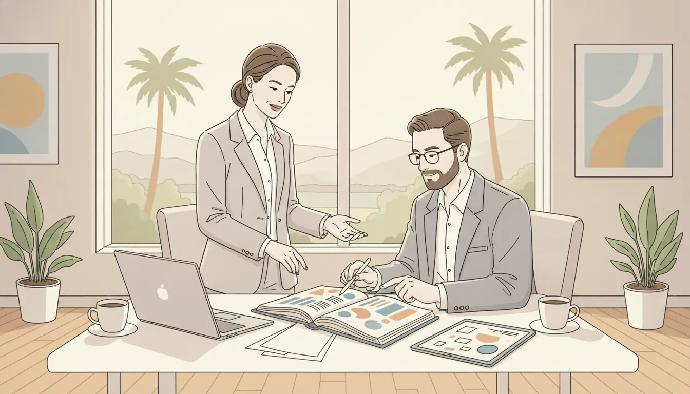 Physician reviewing tax-planning documents with a CPA advisor in a bright California office