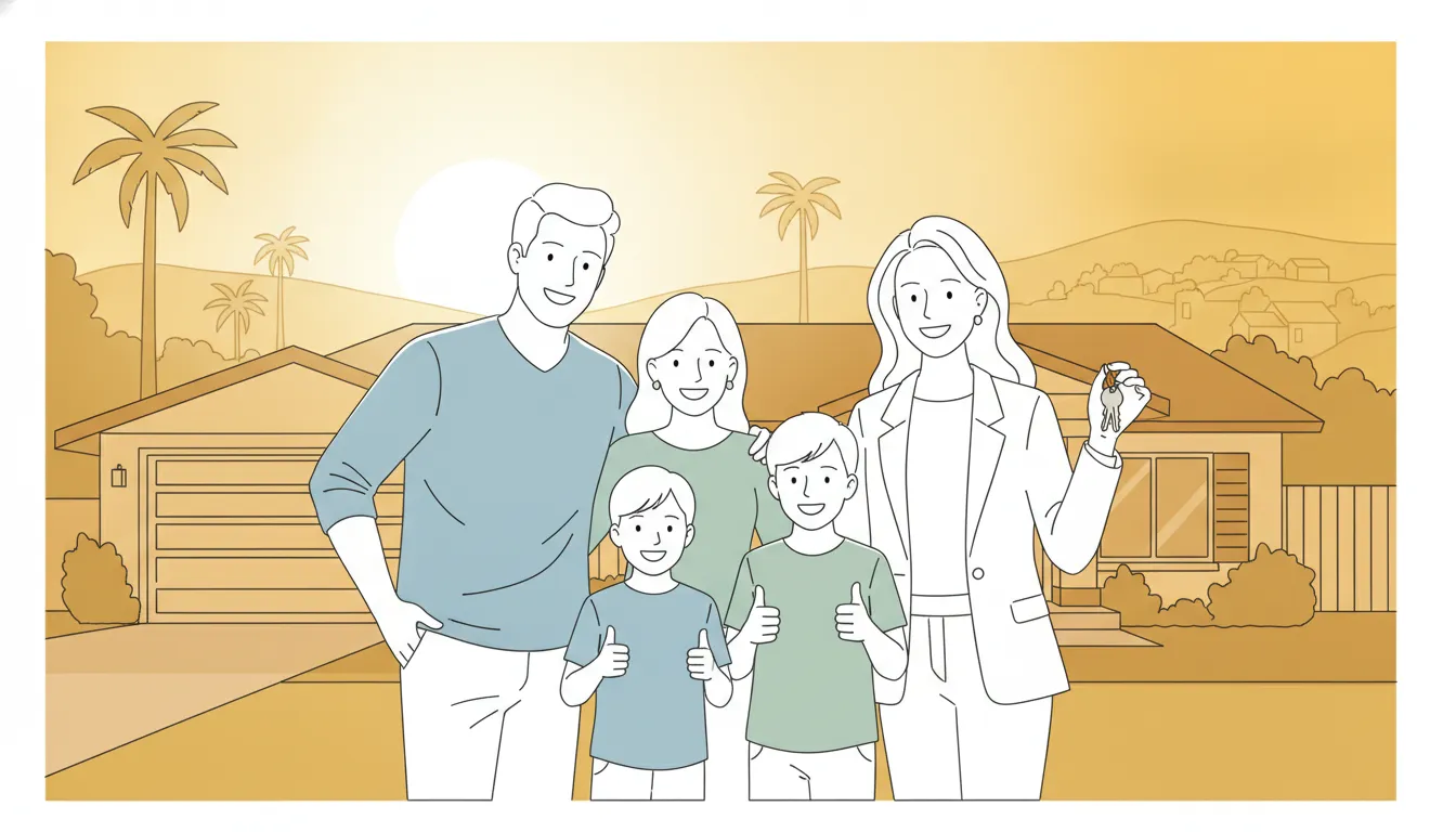 Family and real estate agent in front of a sunlit California home at golden hour