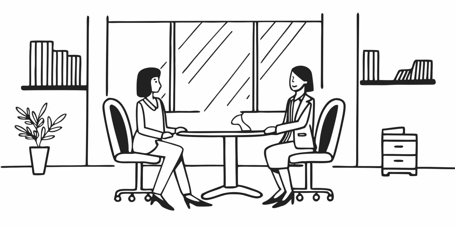 Line art illustration of a California dental practice owner consulting a CPA about retirement plan choices at a bright desk.
