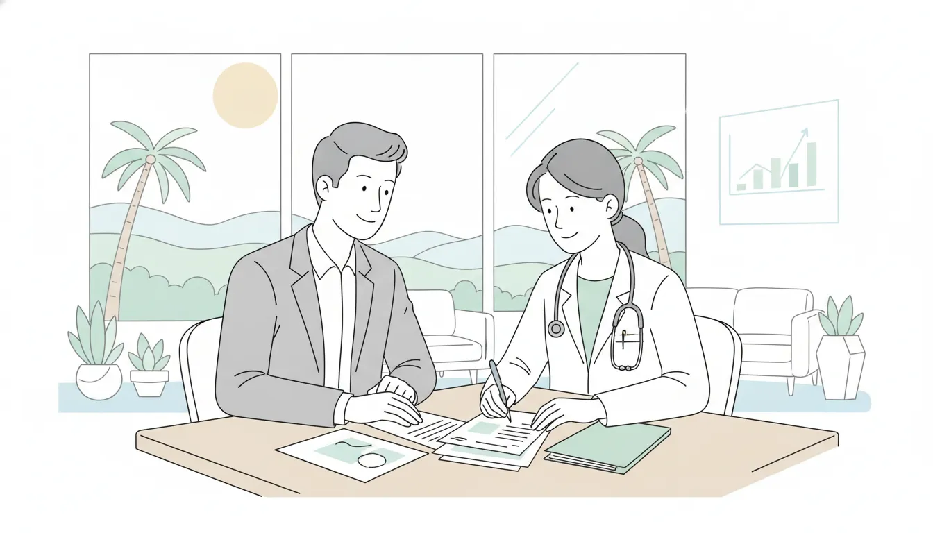 A tax advisor discussing self-employed health insurance premium deductions with a physician in a California office