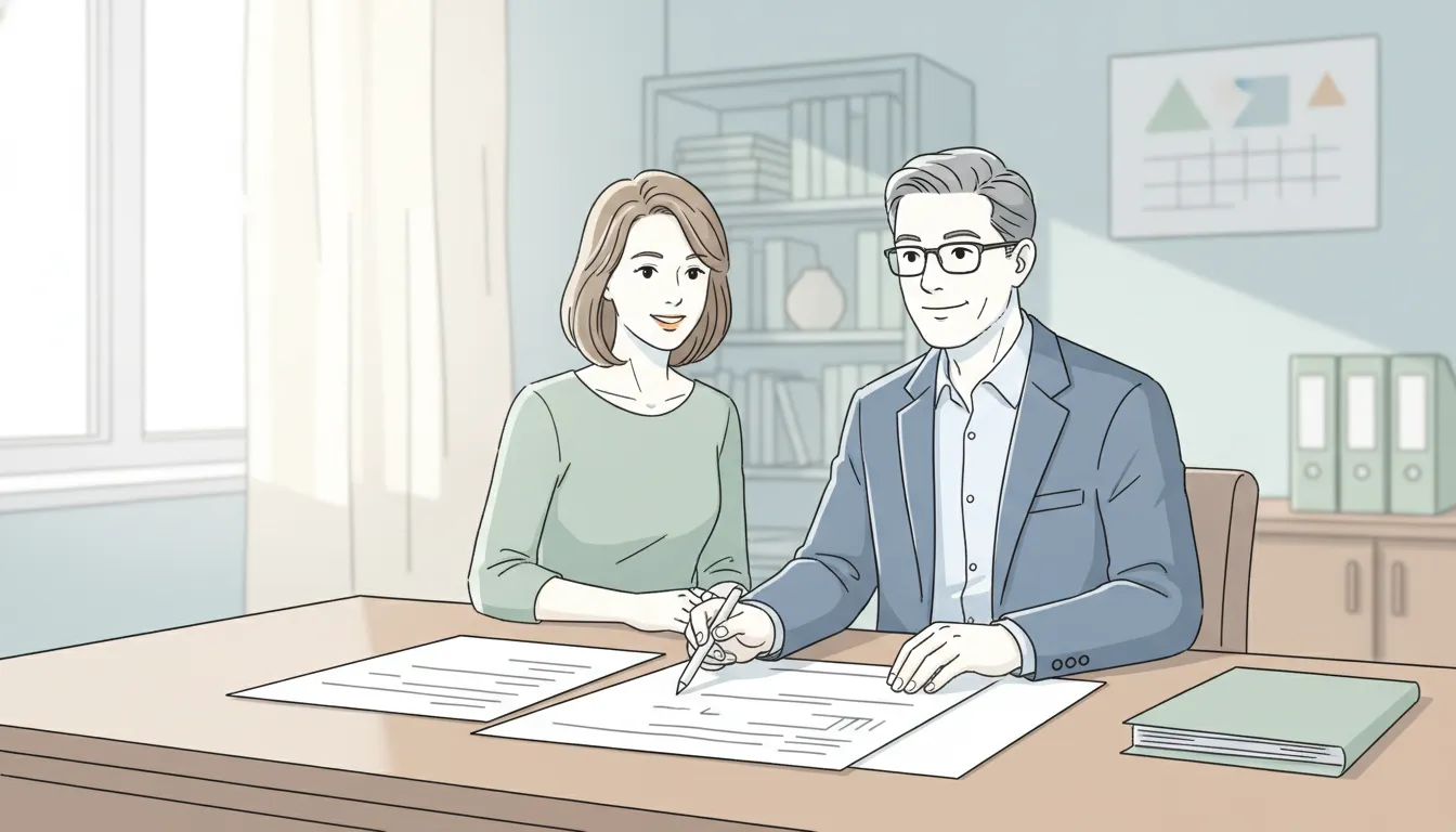 A CPA advisor reviewing retirement and tax planning documents with a professional couple in a bright home office