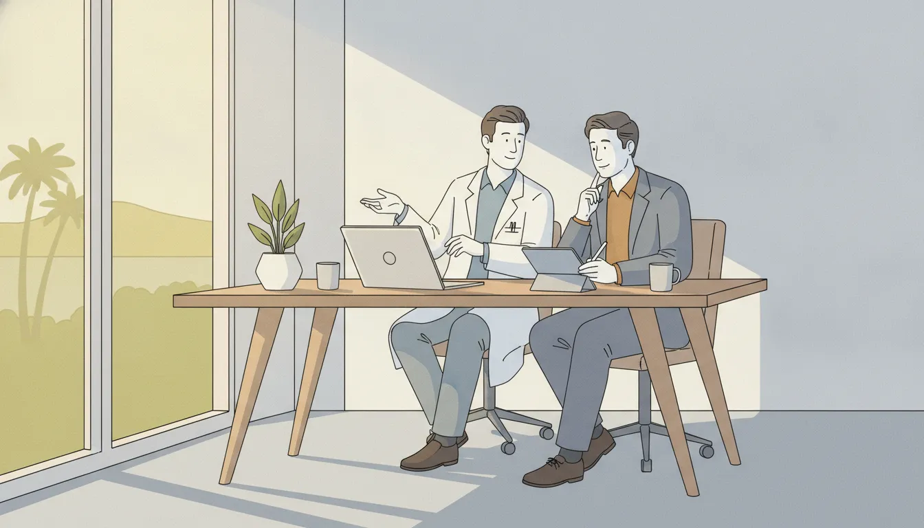 A California physician and CPA advisor reviewing student loan and tax options together at a bright office desk