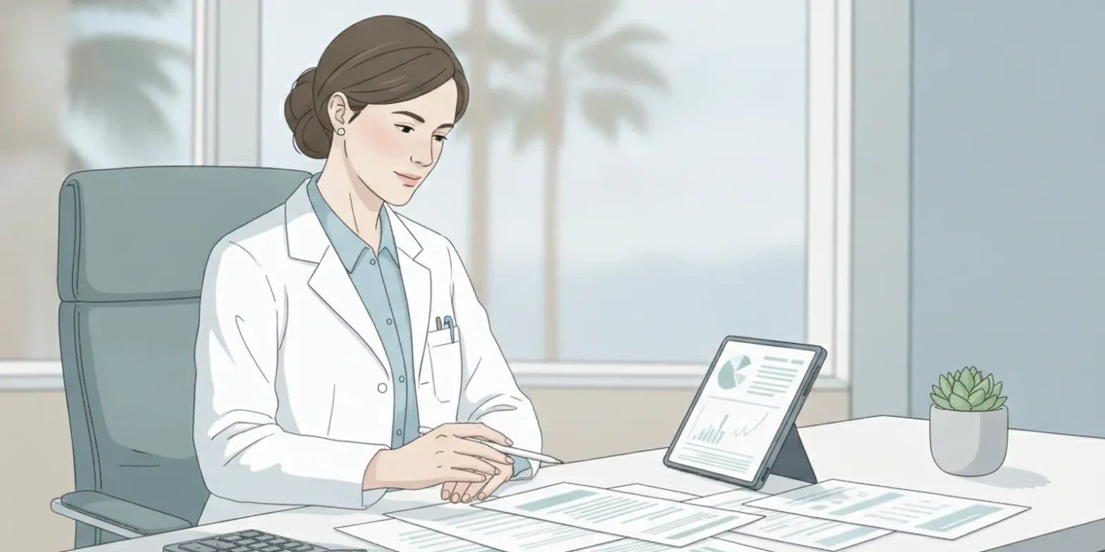 Physician reviewing compensation documents and tax records at a desk