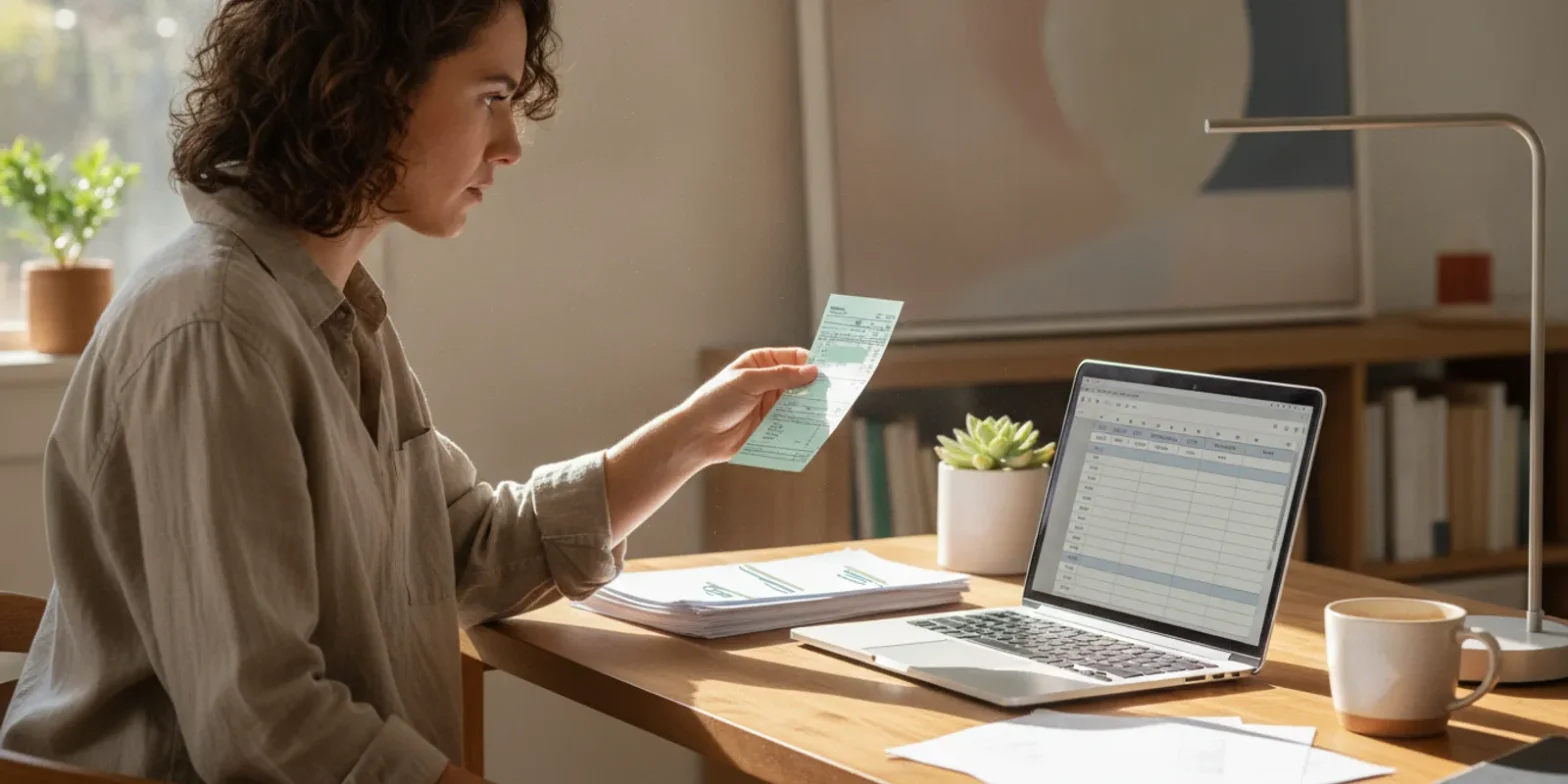 Professional reviewing California pay stubs and tax documents at a desk