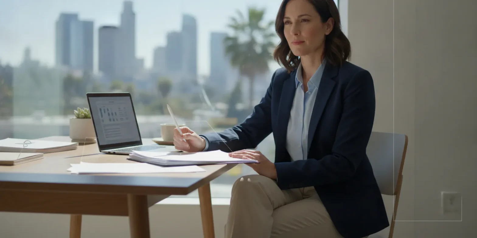 California professional reviewing tax documents and a laptop at a home office desk