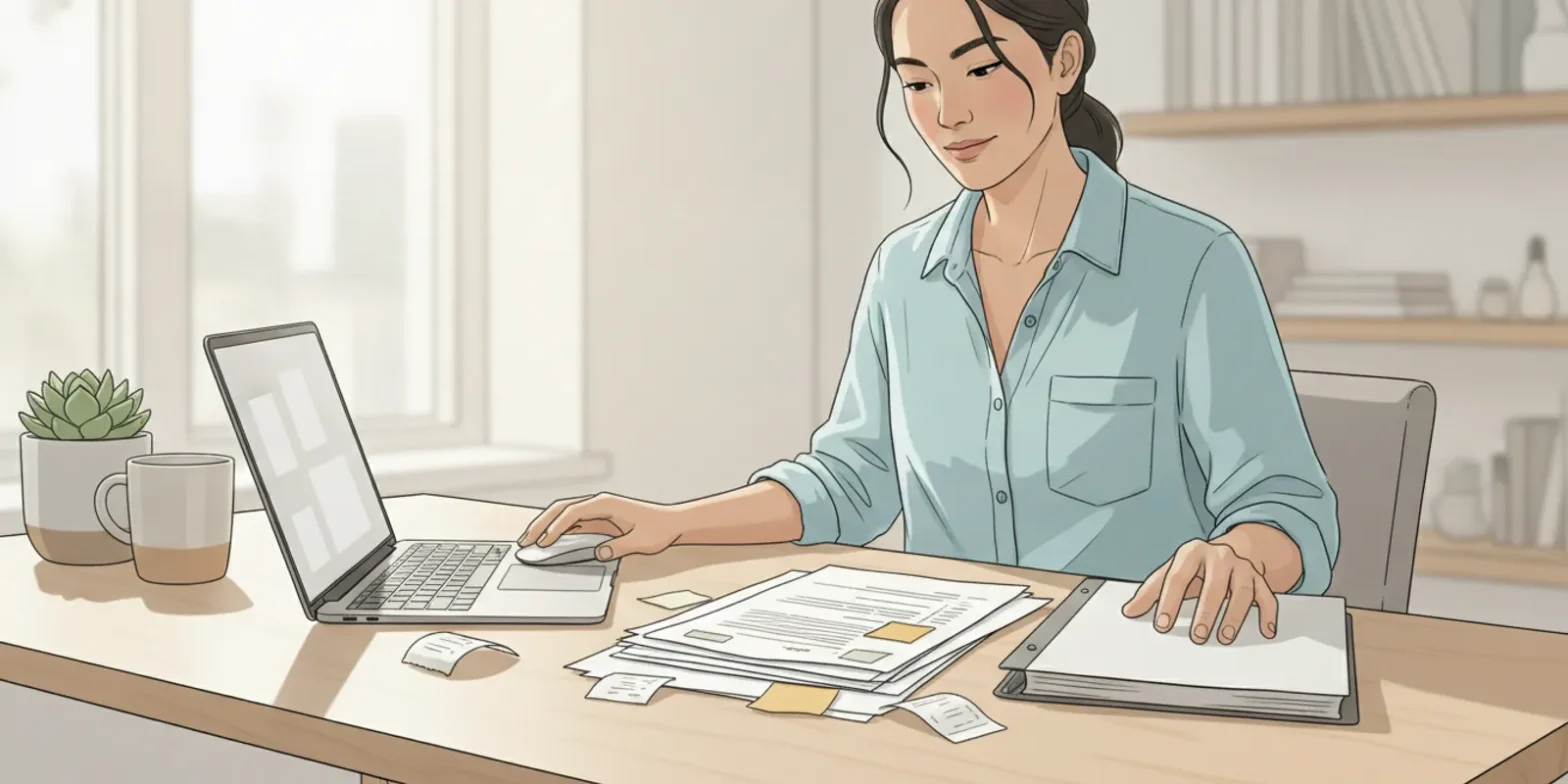 Taxpayer reviewing California tax documents and itemized deduction records at a desk