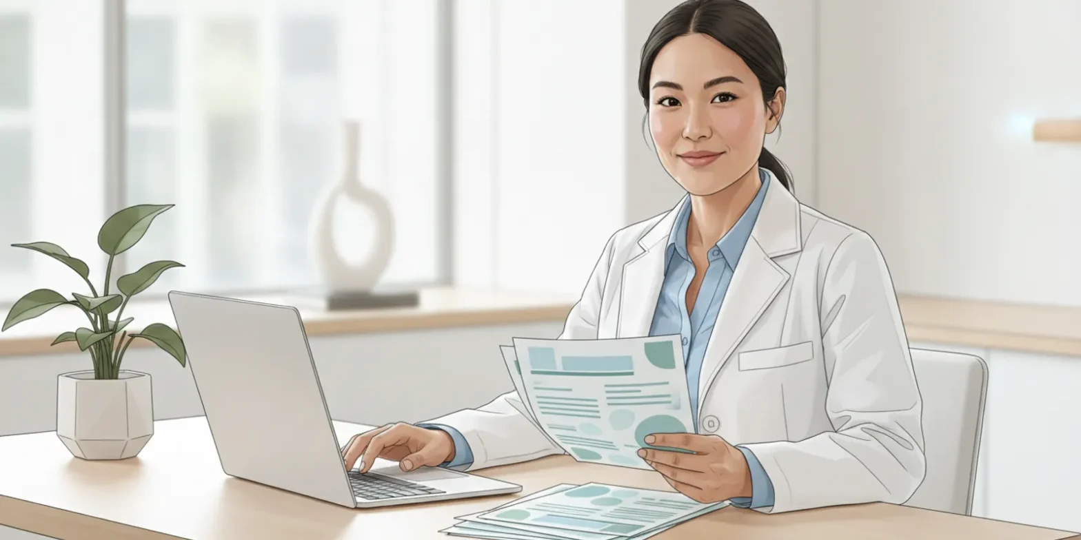 Professional reviewing health benefits and tax documents at a desk
