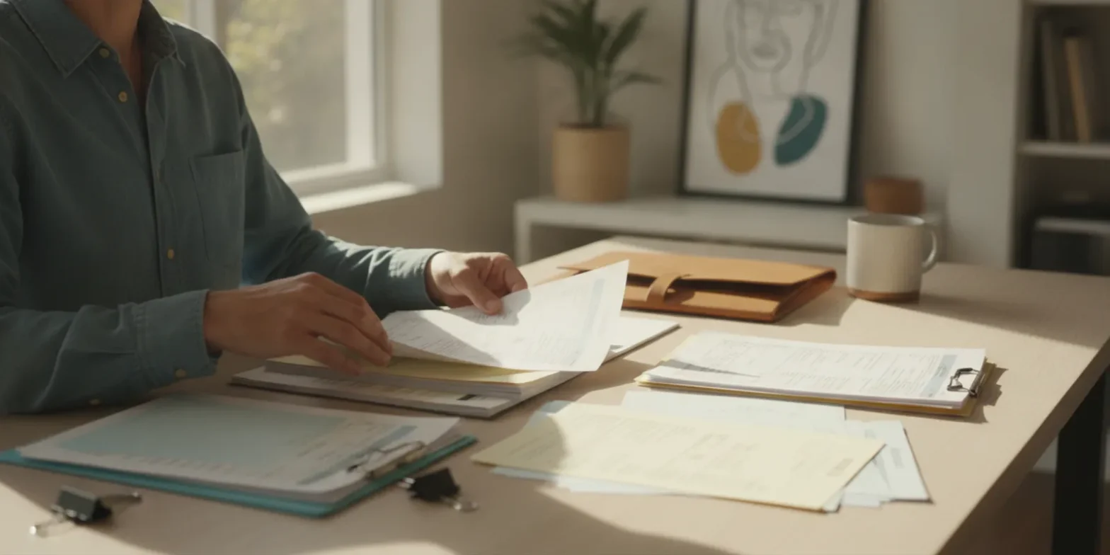Former employee sorting separation documents and tax forms at a home desk