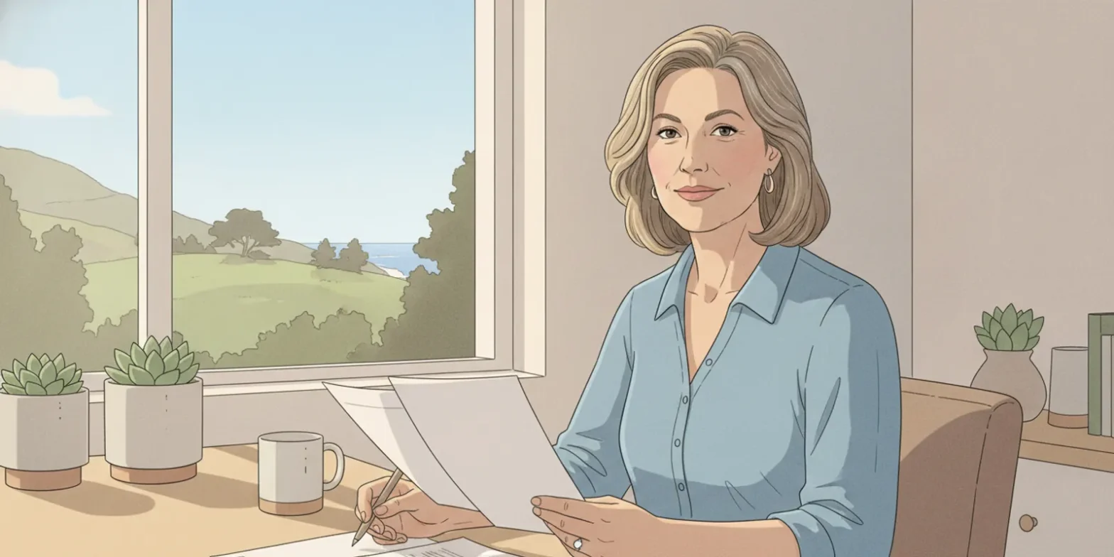 California professional reviewing retirement account statements and a financial plan at a desk