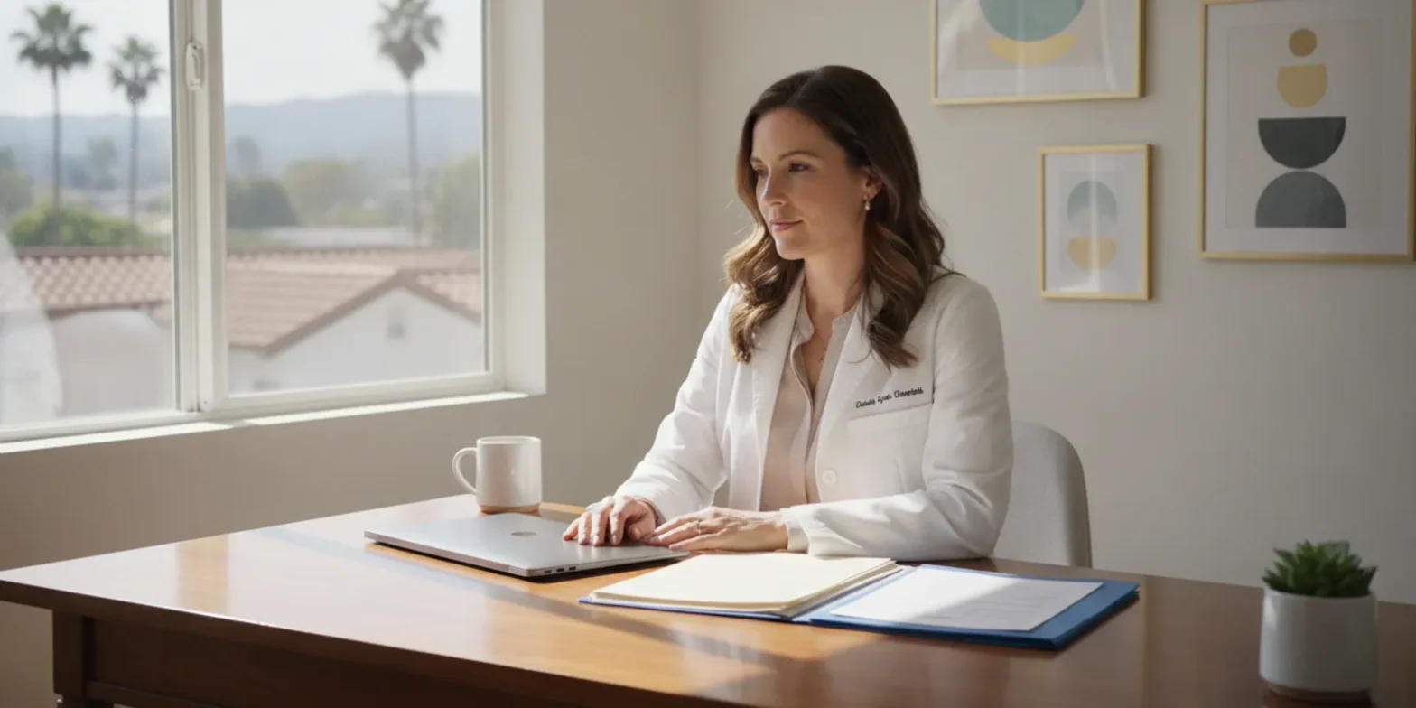California physician reviewing tax documents and a property tax statement at a home office