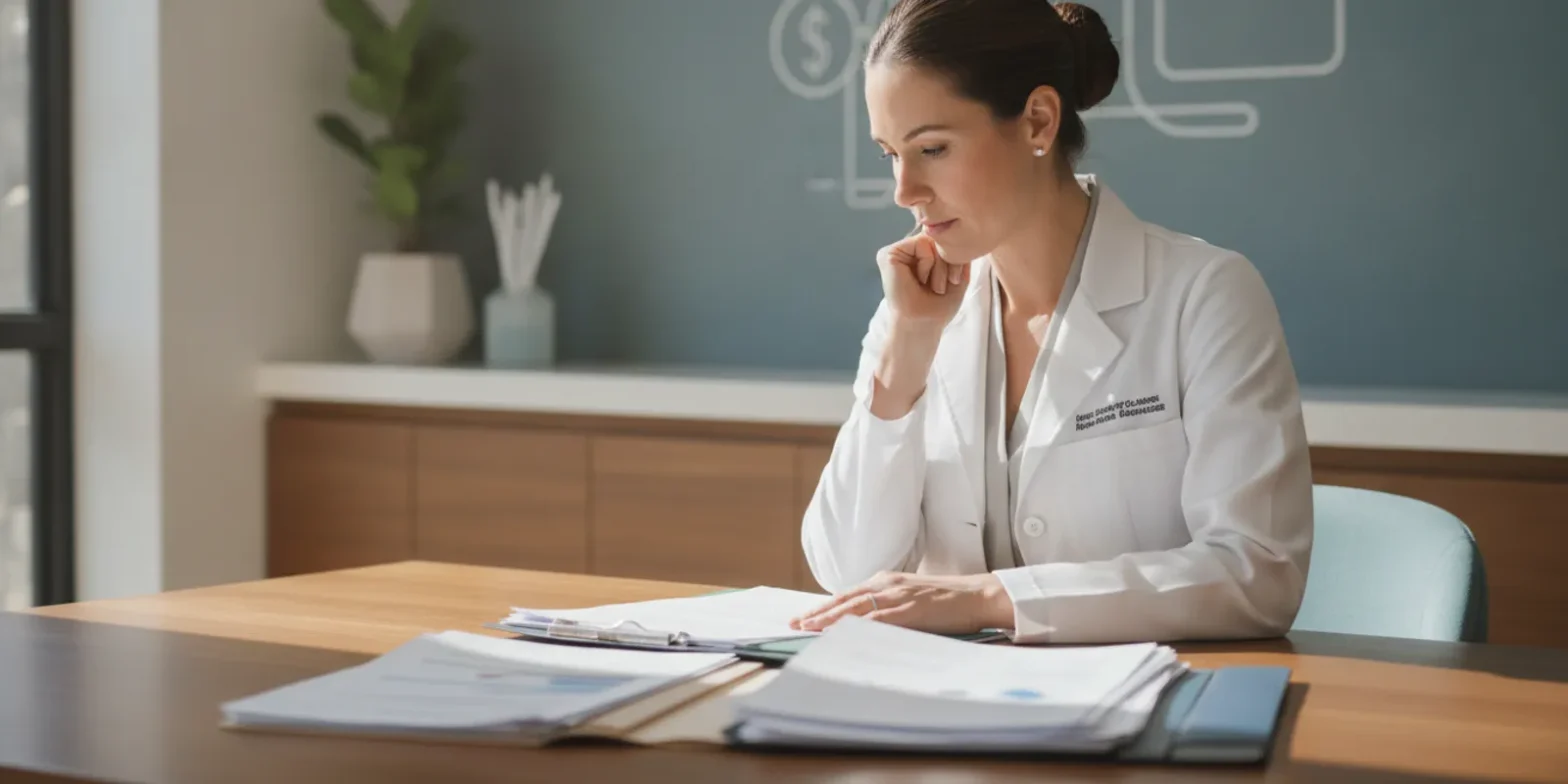 A physician reviewing employer equity documents and tax records at a desk