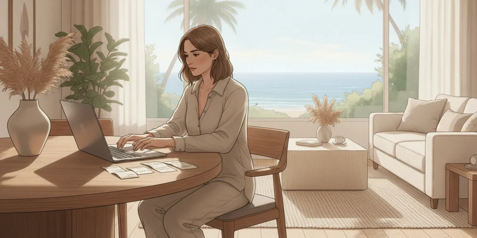 A California coastal home prepared for short-term guests, with a host reviewing rental records at a table