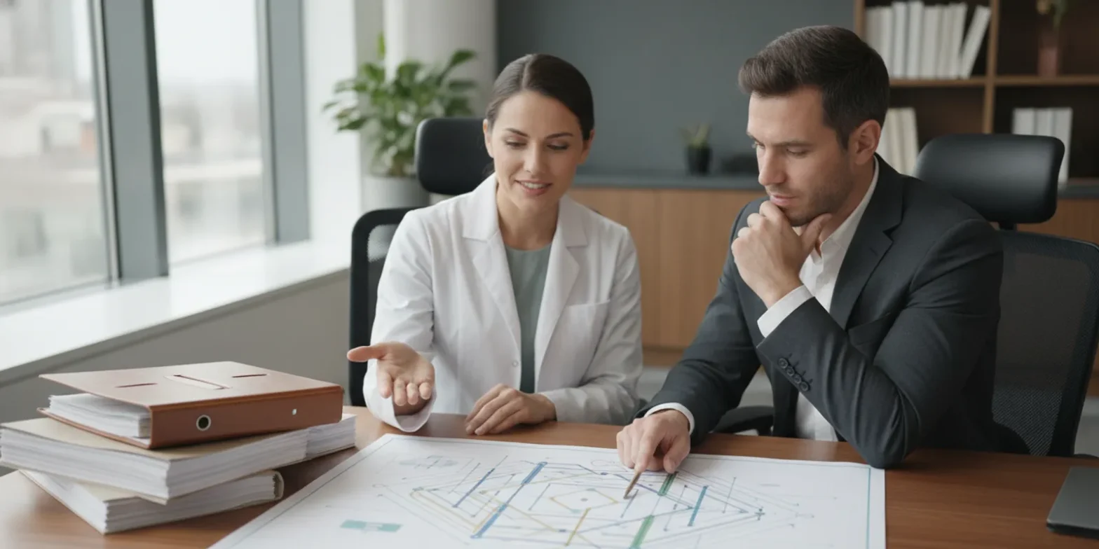 Physician reviewing medical practice ownership documents and financial statements with an advisor