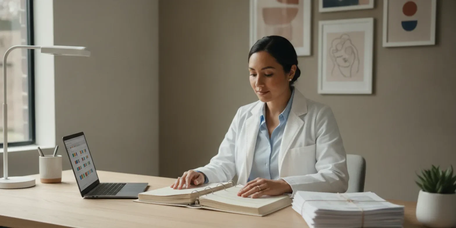 California physician reviewing several income statements and tax records at a desk