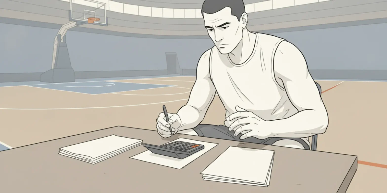 Basketball player reviewing financial papers beside a court after practice