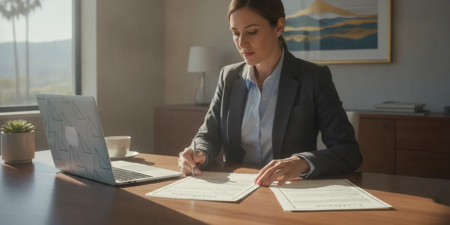Physician reviewing an employment offer and payroll documents at a desk