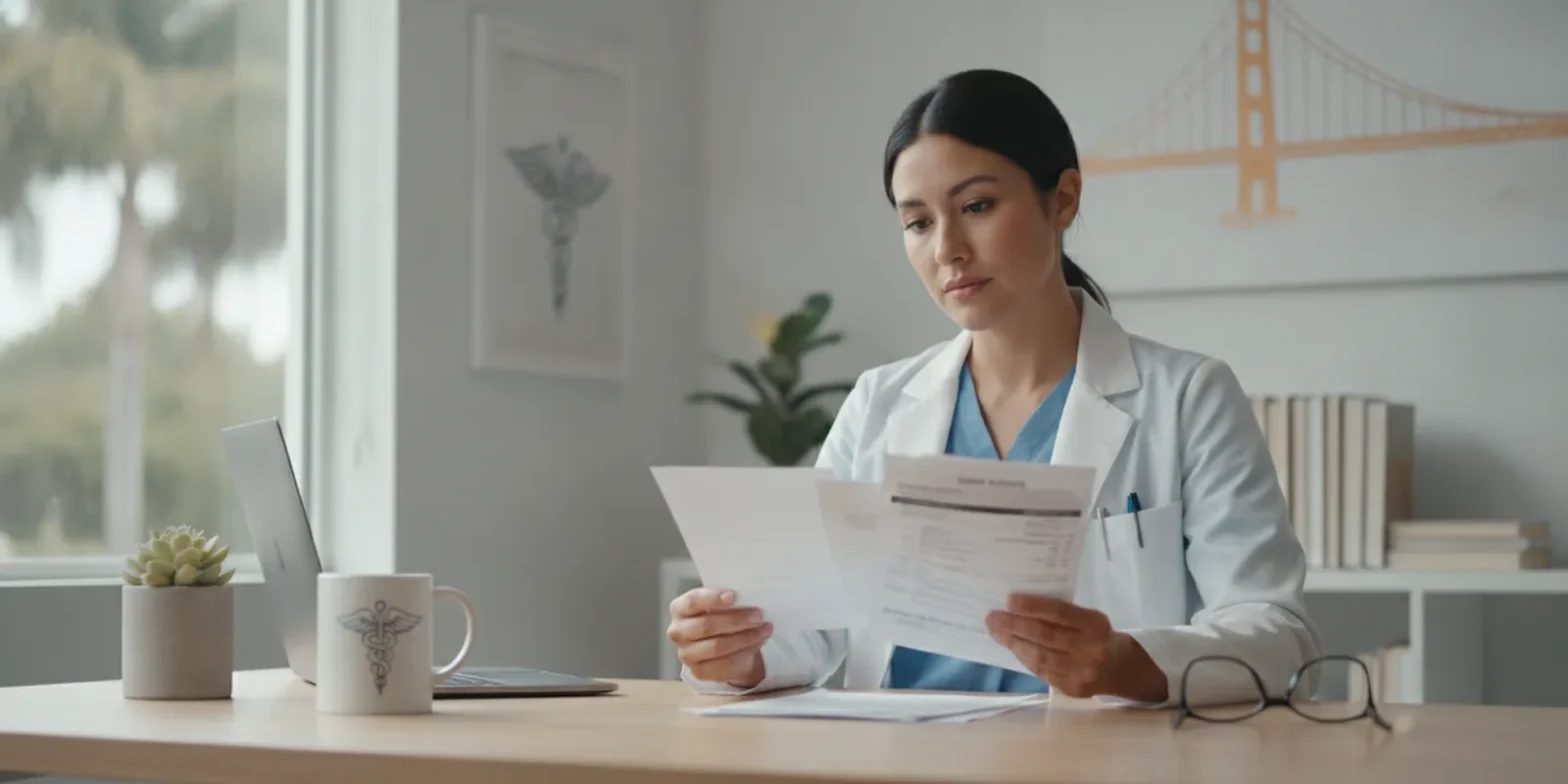 California professional reviewing a paycheck and retirement account information at a desk